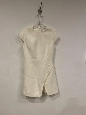 Commense Dress Womens Small White Asymmetric Sheath Short Sleeve Mini Textured thumbnail 2