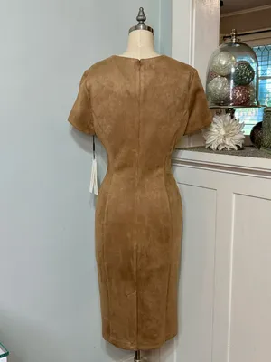 Calvin Klein Faux Suede Zip-Front Midi Dress Tan Camel Brown NWT Size 10 thumbnail 5