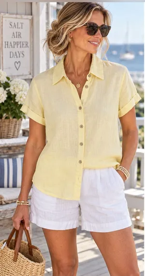 Tahari 100% Linen Button Down Shirt Butter Yellow Size Medium thumbnail 1