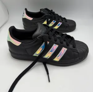 adidas Black Superstar Sneakers with Iridescent Stripes Size 7.5 thumbnail 1