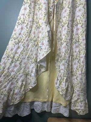 Francesca's Miami Floral Yellow Wrap Maxi Dress Cover Up Cottagecore Ruffle M thumbnail 3