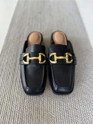 Time and Tru Black Slip-On Square Toe Loafer Mules Chunky Gold Buckles Sz 9 thumbnail 6