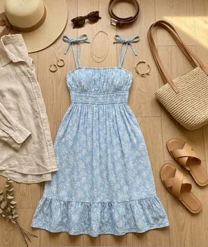 Light Blue Floral Midi Dress Small A-Line Summer Cottagecore Tie Strap Plaid thumbnail 1