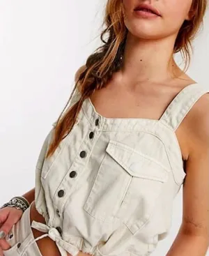 Free People We The Free Palm Desert Cream Ivory Button Crop Top thumbnail 1
