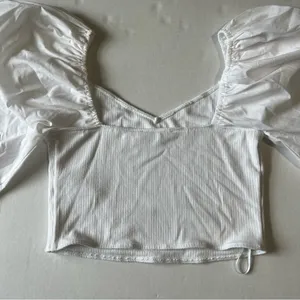 Abercrombie & fitch mixed media poplin puff long sleeve ribbed body crop top thumbnail 3
