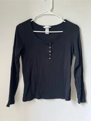 H&M Women’s Large Black Ribbed Henley Top Long Sleeve Button Front Cotton thumbnail 5
