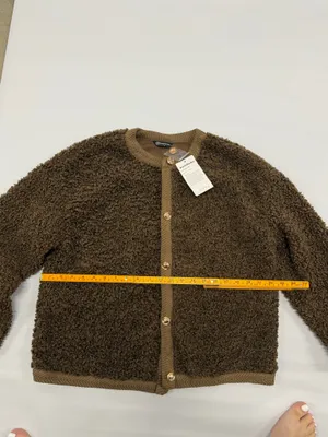 PrettyGarden Brown Sherpa Fleece Cardigan Gold Button Knit Trim Jacket Size L thumbnail 3