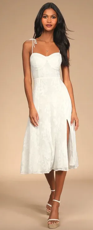Lulus Loveliest Looks White Floral Jacquard Tie-Strap Midi Dress Medium NWT thumbnail 1