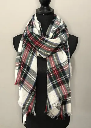 Long Scarf w/ Frayed Ends Plaid Pattern Multicolor One thumbnail 1