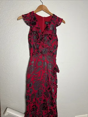 SALONI Anita Silk Burnout Velvet Dress Slit Ruffle Midi Vampire Goth Witchy Red thumbnail 3