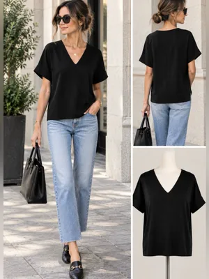 💥COS Black V-Neck Relaxed Oversized Stretch Top Turnback Cuff Sz XS 💛 thumbnail 2