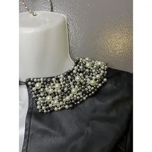 Maeve Blouse Womens XS Black Faux Leather Pearl Beaded Collar Cropped Zip Top thumbnail 6