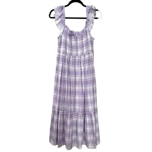 Main Strip Smocked linen type gingham plaid dress thumbnail 5