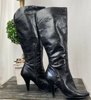 Nine West Black Leather Side Zip Heel Knee High Boots 7.5 thumbnail 1