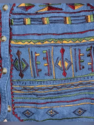 Vtg Asapo Western 100% Cotton Floral Tribal Embroidered‎ Denim Button Up Vest, M thumbnail 5