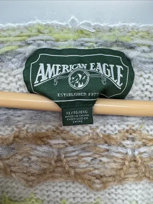 American Eagle Cozy Cream Fair Isle V-Neck hooded Sweater wool blend XL winter thumbnail 6