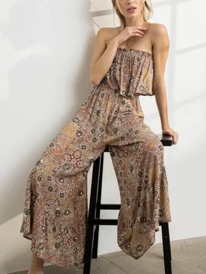 ILLA ILLA Rust and Cream Floral Smocked Jumpsuit Size Small thumbnail 3