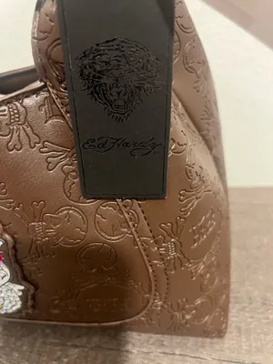 Chocolate Brown Embossed Shoulder Bag with Skull Patch by Ed Hardy thumbnail 5