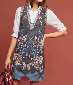 Foxiedox Anthropologie Yumiko‎ Pinstripe Floral Embroidered Dress Boho Retro thumbnail 1