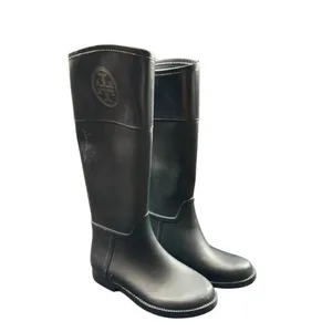Tory Burch Women's Tall Black Rubber Leather Riding Boots Size 7M *note flaw thumbnail 12