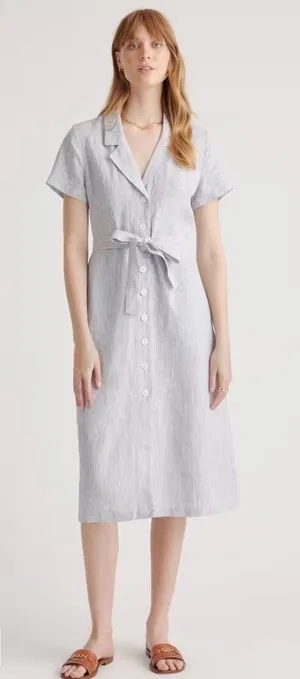 Quince Light Gray Striped Button-Front Tie-Waist Midi Dress thumbnail 1