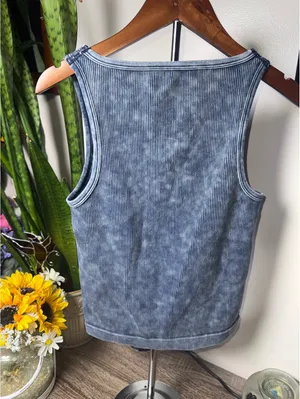 Zenana Washed Ribbed Seamless Button Up Tank Top thumbnail 2