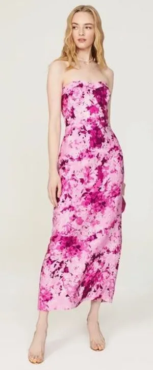 Monique Lhuillier RTR Floral Faille Dress sz 8 Strapless Fushia Cut out Back thumbnail 1
