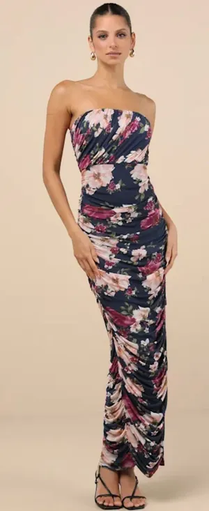 Lulus Averie Navy Floral Mesh Strapless Maxi Dress thumbnail 1