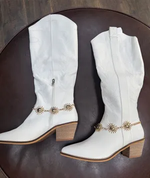 White Western Mid-Calf Heeled Boots with Gold Concho Chain thumbnail 1