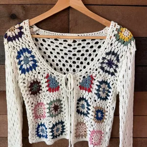 Debut Crochet Granny Square Tie Front Crop Cardigan Boho Festival XS thumbnail 4