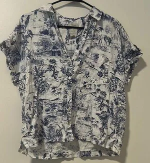 Joie 100% Linen Blue Farm Tropical Horse Vacation Patterned Blouse Size Large thumbnail 1