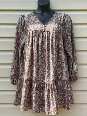 Peach Love California Snake Print Babydoll Dress Brown Cream USA Made L thumbnail 2