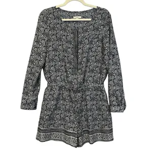 LOFT Romper Size 0 Blue White Paisley Print Long Sleeve‎ Roll Tab One Piece EUC thumbnail 2