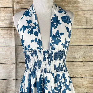 SheIn floral halter shirred waist A-line blue dress womens Size Large thumbnail 5