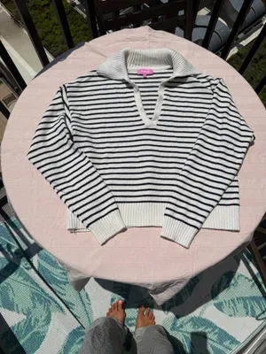 Edikted Cream and Black Striped V-Neck Cropped Sweater thumbnail 2