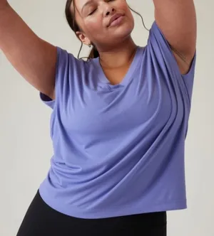 Athleta Explore Tee Adonis Blue V-Neck Split Tie Back Cap Sleeve Top 586522 L thumbnail 1