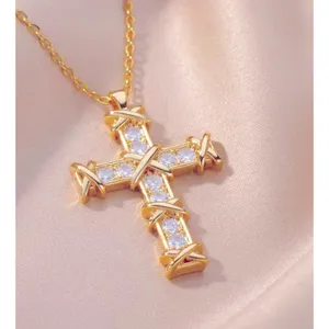 NEW Unisex 18k Gold Filled Plated Simulated‎ Diamond Cross Necklace, 16-18” thumbnail 8