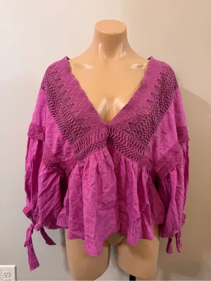 Free People Drive You Mad Neon Orchid Large Peasant Swiss Dot Purple Tie Sleeve thumbnail 5