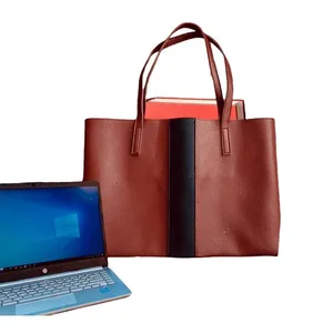 Vince Camuto Brown Faux Leather Tote Bag With Black Stripe Accent Work Travel‎ thumbnail 4