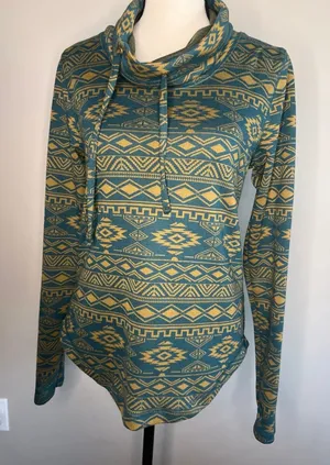 KAVU Women's Skylar semi-fitted cowl neck shirt, green and yellow aztec print XS thumbnail 1