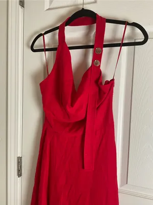 Zara Red Linen Blend Halter Midi Dress Size S Cowl Neck Tortoiseshell Buttons thumbnail 7