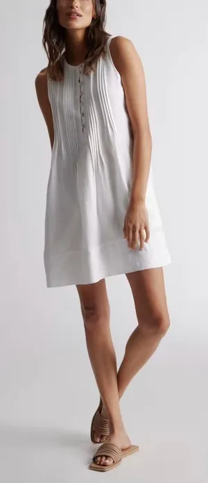 Quince 100% European Linen Sleeveless Swing Dress Pintuck Button Front‎ XS White thumbnail 1
