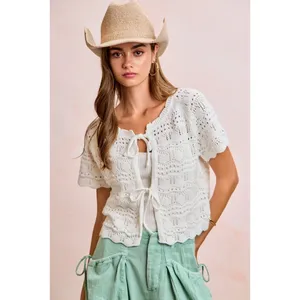BiBi Front Bow Tie Detail Pointelle Knit Top - Ivory - XL thumbnail 5
