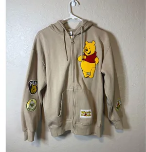 Disney Winnie the Pooh Zip Up Hoodie Patches Sand Beige Womens Medium thumbnail 1