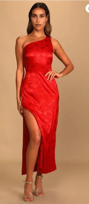 LULUS Sexy Chic Floral Prom Wedding Bridesmaid One Shoulder Satin Maxi thumbnail 1