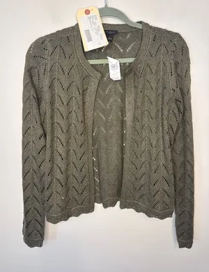 Ann Taylor Green Gold Metallic Cable Knit Sweater Small Shimmer Jacket Size S thumbnail 1