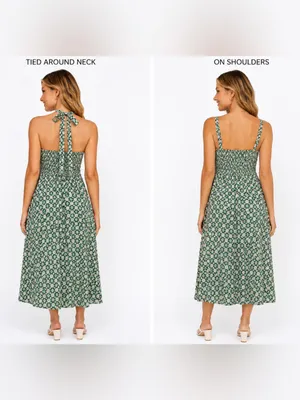 As You Wish Green Floral Midi Dress XL Cottagecore Rayon Sundress Tie 2 Ways thumbnail 2