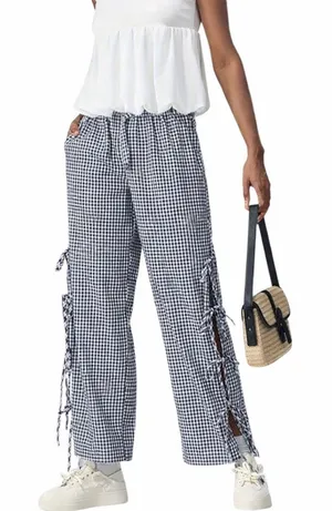 CIDER Y2K Gingham Wide Leg Pants NWT High Waisted Plaid Side Tie Loose Fit Sz M thumbnail 1