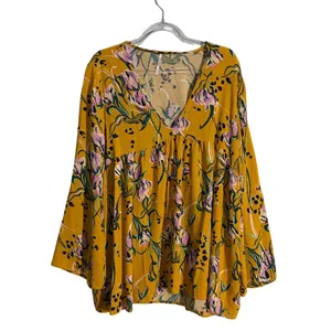 Free People Bella Golden Yellow Floral Print Spring Tunic Blouse sz M Boho thumbnail 2
