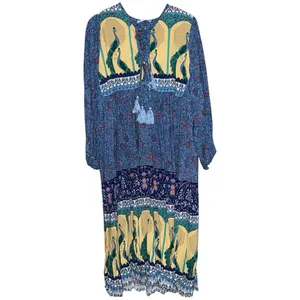 R. Vivimos Size XL 16 18 Blue Floral Print Long Sleeve V Neck Tassel Midi Dress thumbnail 3